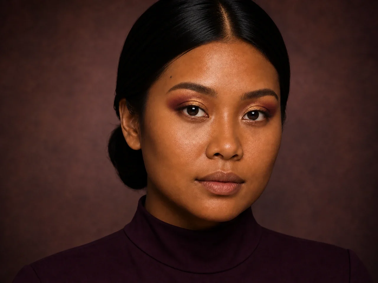 Step 4 of Rich Berry and Gold Makeup for Deep Skin, showing rich wine creates soft eye structure, while Warm old gold remains visible at the center and inner lid without covering.