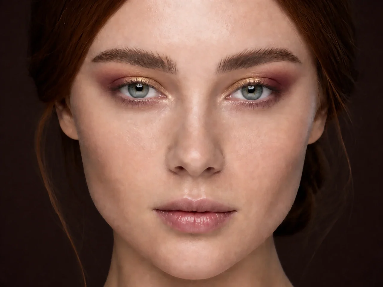 Step 4 of Holiday Party Shimmer Makeup, showing matte cranberry creates soft eye structure, while Antique gold remains visible at the center and inner mobile lid without covering.