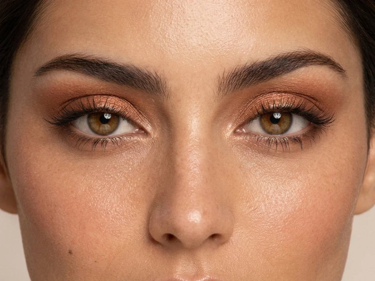 Step 4 of Warm Bronze Makeup for Medium Skin, showing caramel matte creates soft eye structure, while Copper satin remains visible at the center and inner lid without covering it.