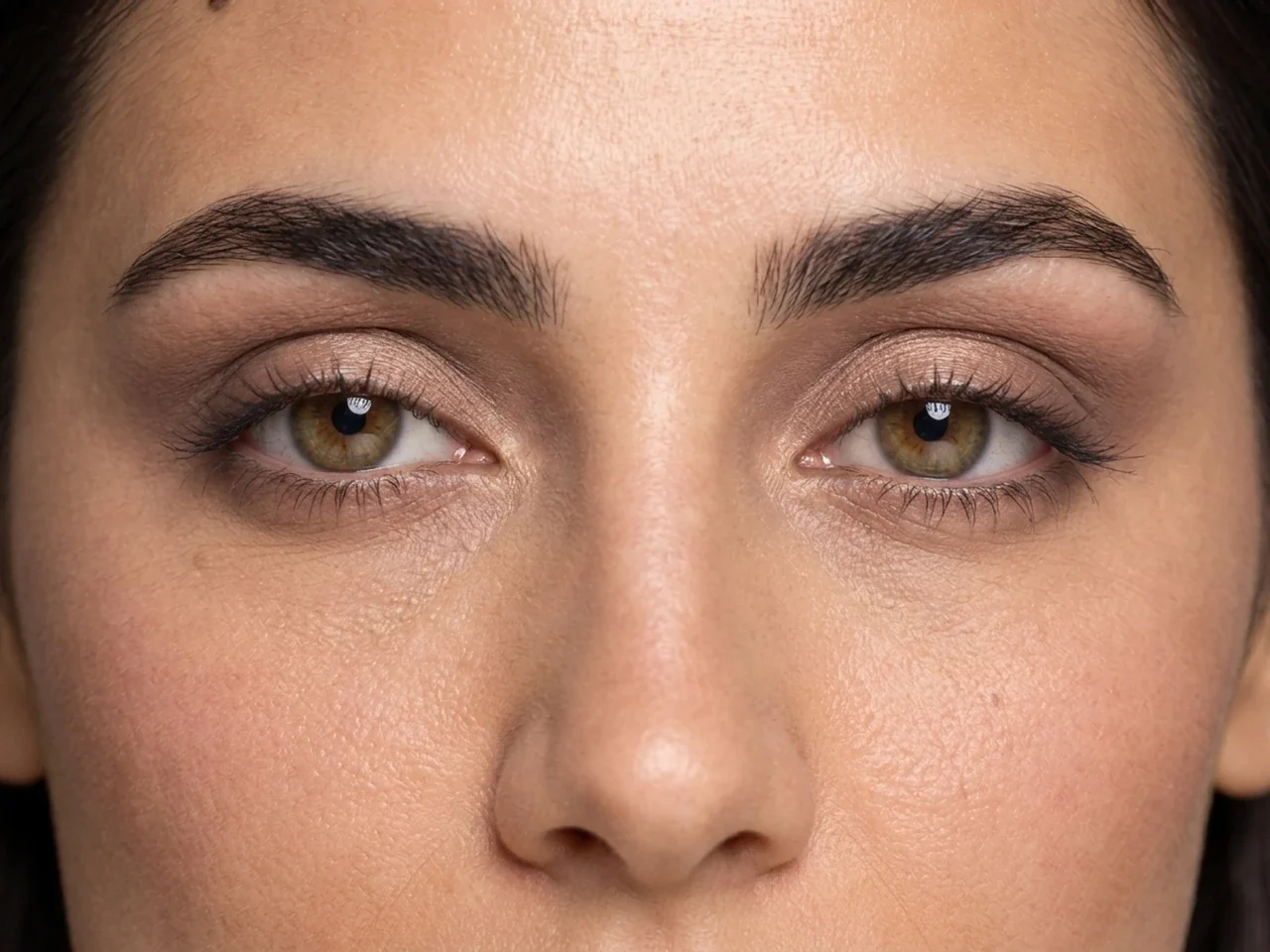 Step 4 of Neutral Soft Glam for Olive Skin, showing balanced taupe creates soft eye structure, while Antique beige remains visible at the center mobile lid without covering it.
