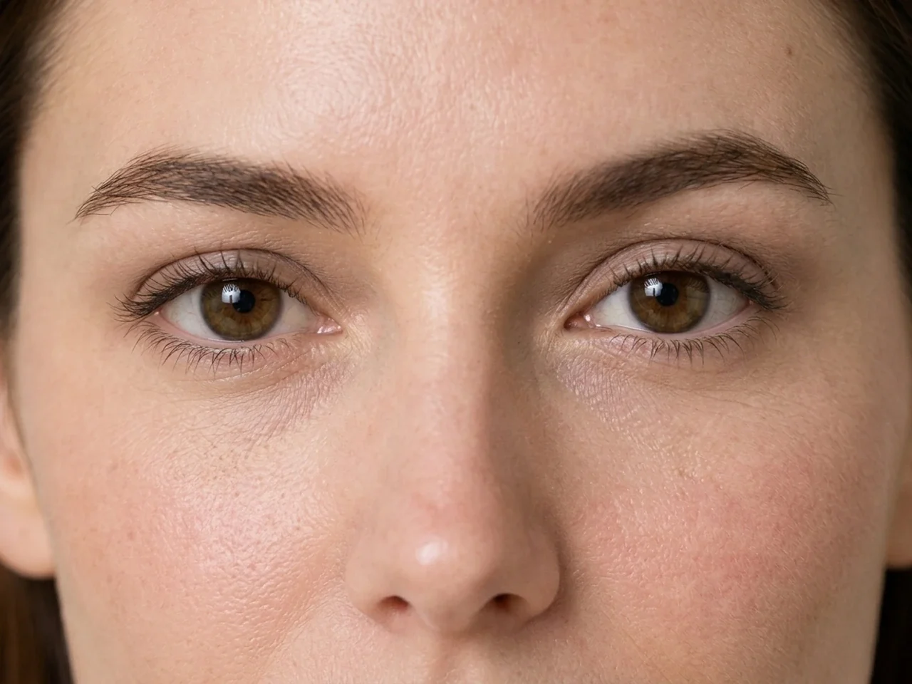 Step 4 of Natural No-Makeup Makeup, showing skin-shadow taupe creates soft eye structure without a hard outer edge.