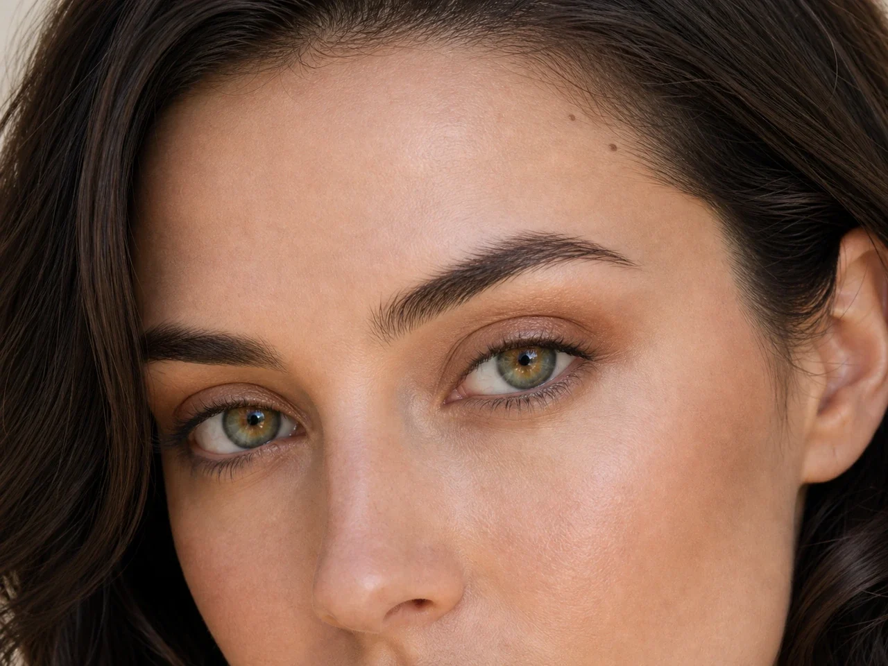 Step 4 of Easy Vacation Makeup, showing sheer bronze creates soft eye structure without a hard outer edge.