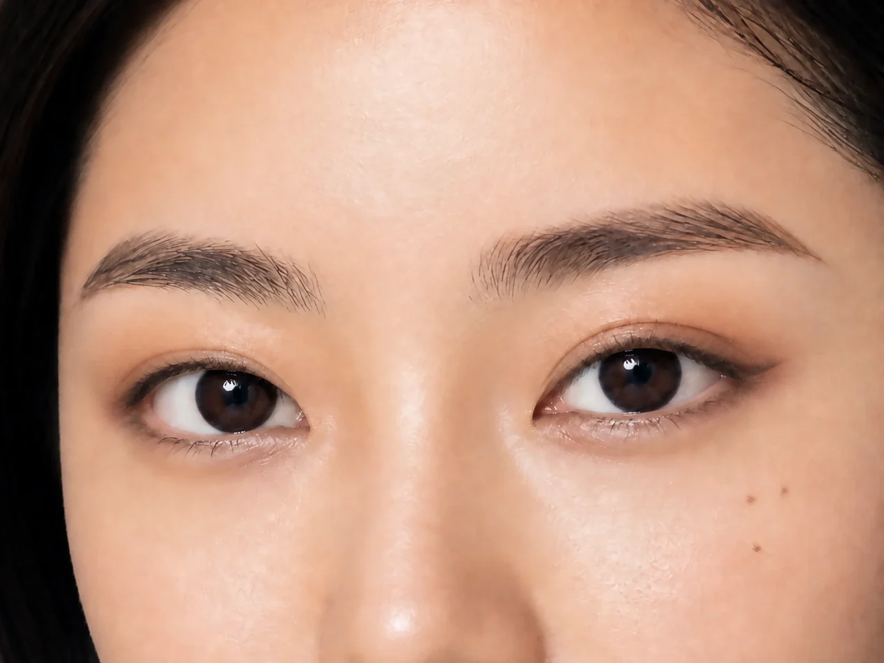 Step 4 of Elongated Eye Makeup for Round Eyes, showing soft bronze is clearly visible at center to outer lid while the transition border stays intact.