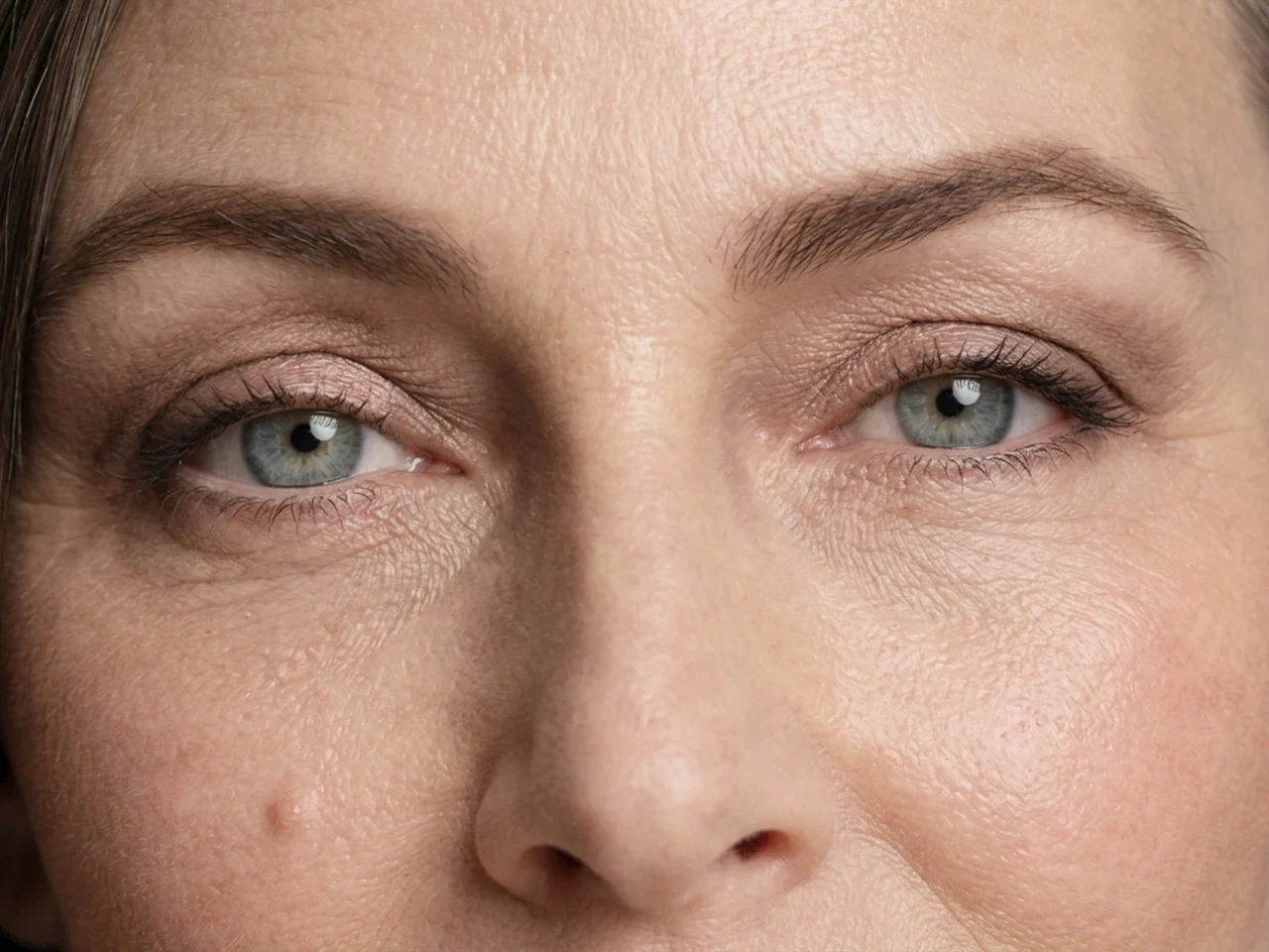 Step 4 of Natural Makeup for Mature Skin, showing soft taupe creates soft eye structure, while Satin beige rose remains visible at the center mobile lid without covering it.