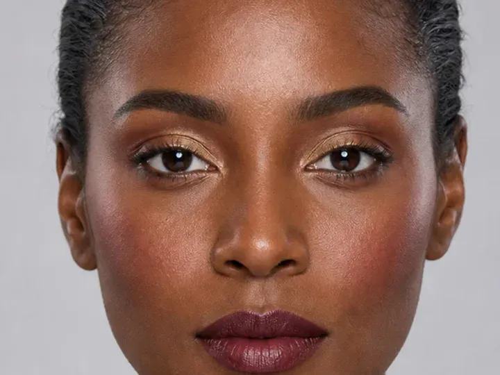 Step 4 of Rich Berry and Gold Makeup for Deep Skin, showing rich wine establishes the eye direction at outer lid and crease without a hard outer edge.