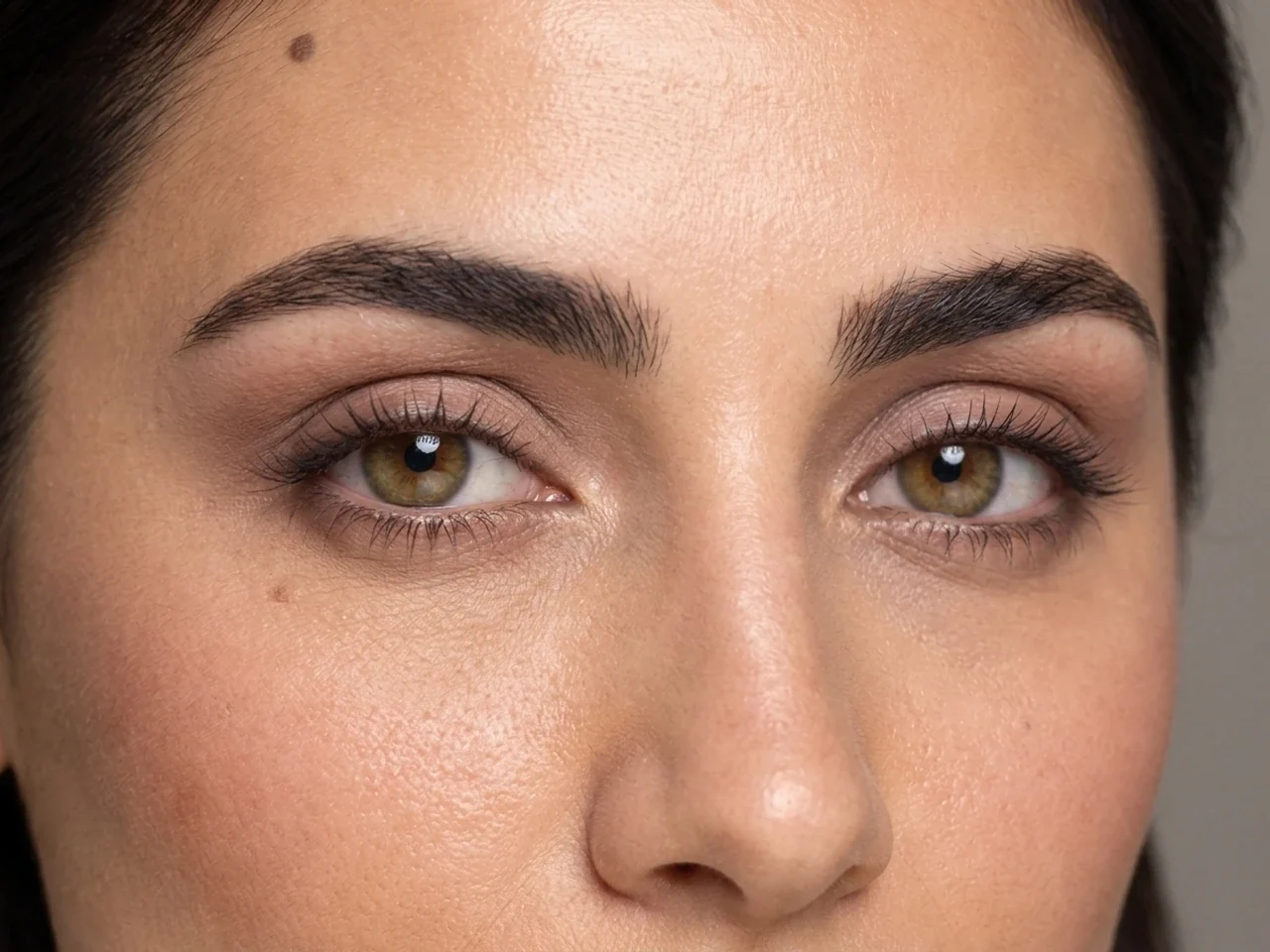 Step 5 of Neutral Soft Glam for Olive Skin, showing balanced taupe makes the lashes look denser while the eye color and lid space stay visible.