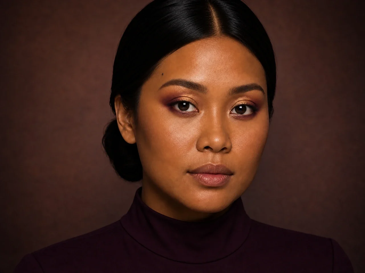 Step 5 of Rich Berry and Gold Makeup for Deep Skin, showing rich wine makes the lashes look denser while the eye color and lid space stay visible.