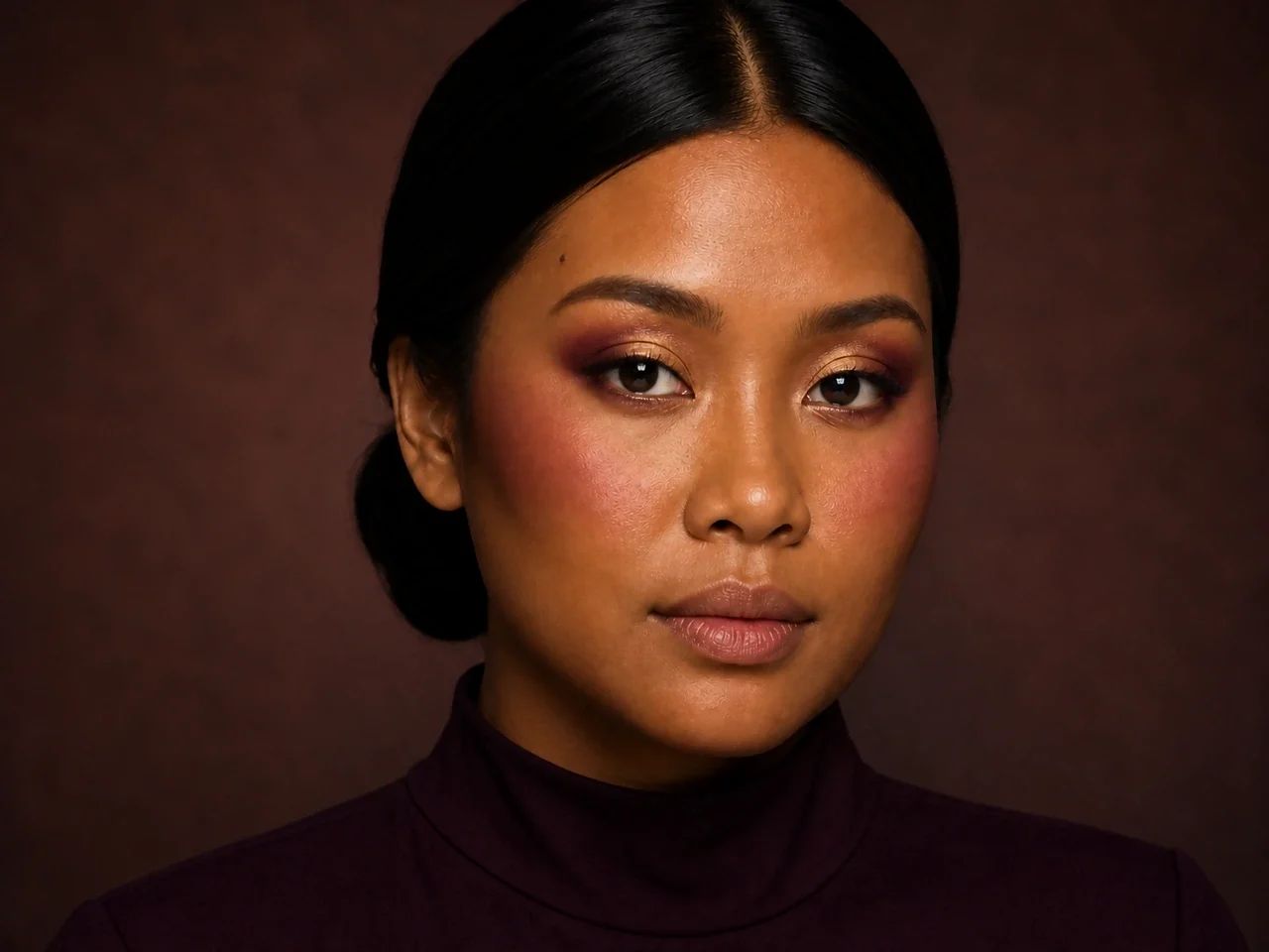 Step 6 of Rich Berry and Gold Makeup for Deep Skin, showing deep berry is visible at upper cheek while the lips remain unchanged and natural skin still shows through the cheek.