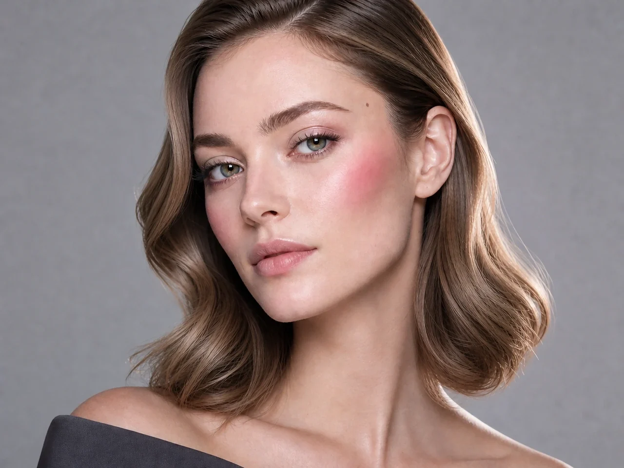 Step 6 of Cool Rosy Makeup for Fair Skin, showing cool rose is visible at upper cheek while the lips remain unchanged and natural skin still shows through the cheek edges.