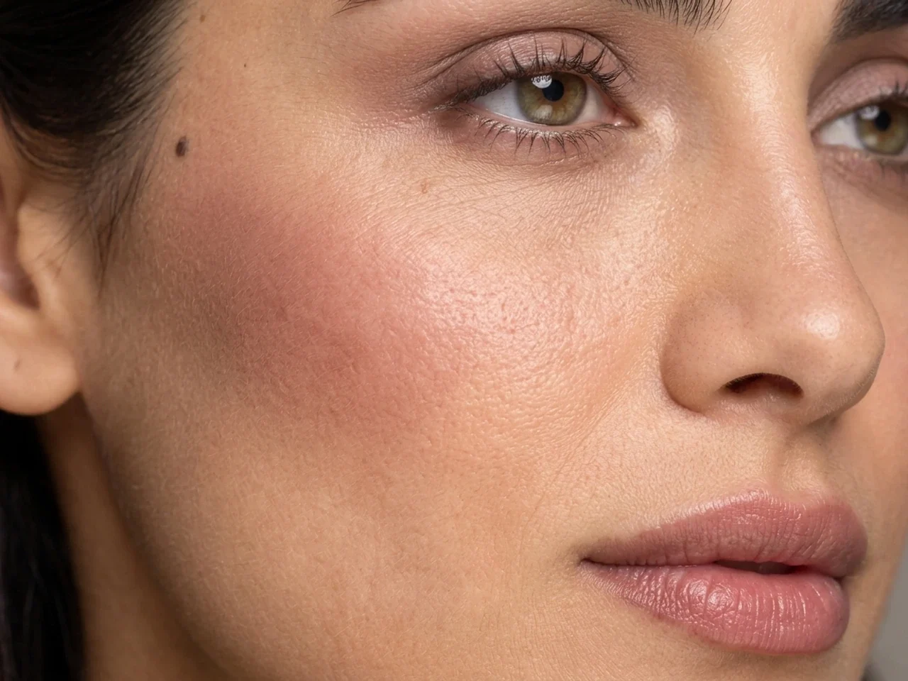 Step 6 of Neutral Soft Glam for Olive Skin, showing mauve brown is visible at upper cheek while the lips remain unchanged and natural skin still shows through the cheek edges.