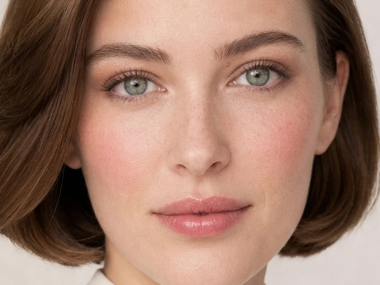 Step 6 of 5-Minute Everyday Makeup, showing fresh rose is visible at upper cheek while the lips remain unchanged and natural skin still shows through the cheek edges.