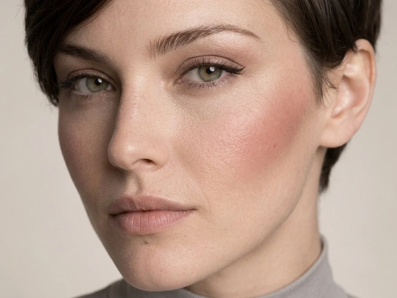 Step 6 of Easy Everyday Soft Glam, showing rose brown is visible at upper cheek while the lips remain unchanged and natural skin still shows through the cheek edges.