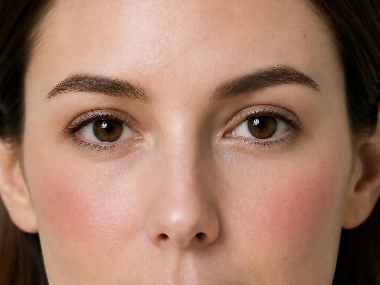 Step 6 of Natural No-Makeup Makeup, showing natural flush is visible at cheek center diffused upward while the lips remain unchanged and natural skin still shows through.