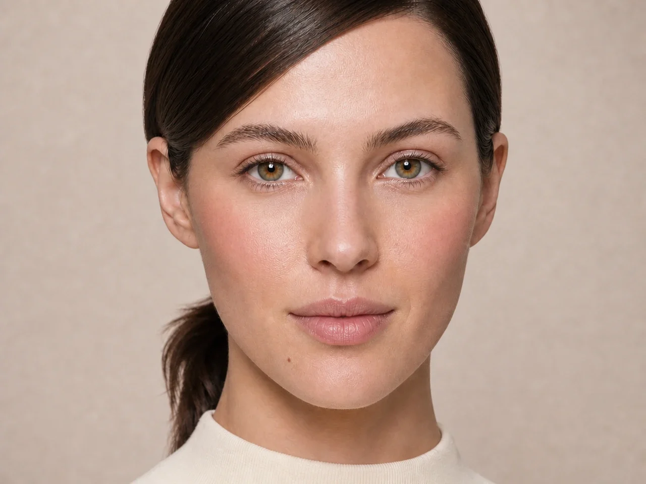 Step 6 of Wearable Clean Makeup Look, showing clear rose is visible at upper outer cheek while the lips remain unchanged and natural skin still shows through the cheek edges.