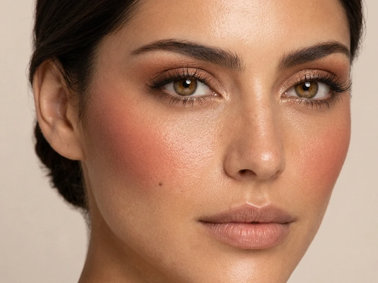 Step 6 of Warm Bronze Makeup for Medium Skin, showing terracotta rose is visible at upper cheek while the lips remain unchanged and natural skin still shows through the cheek.