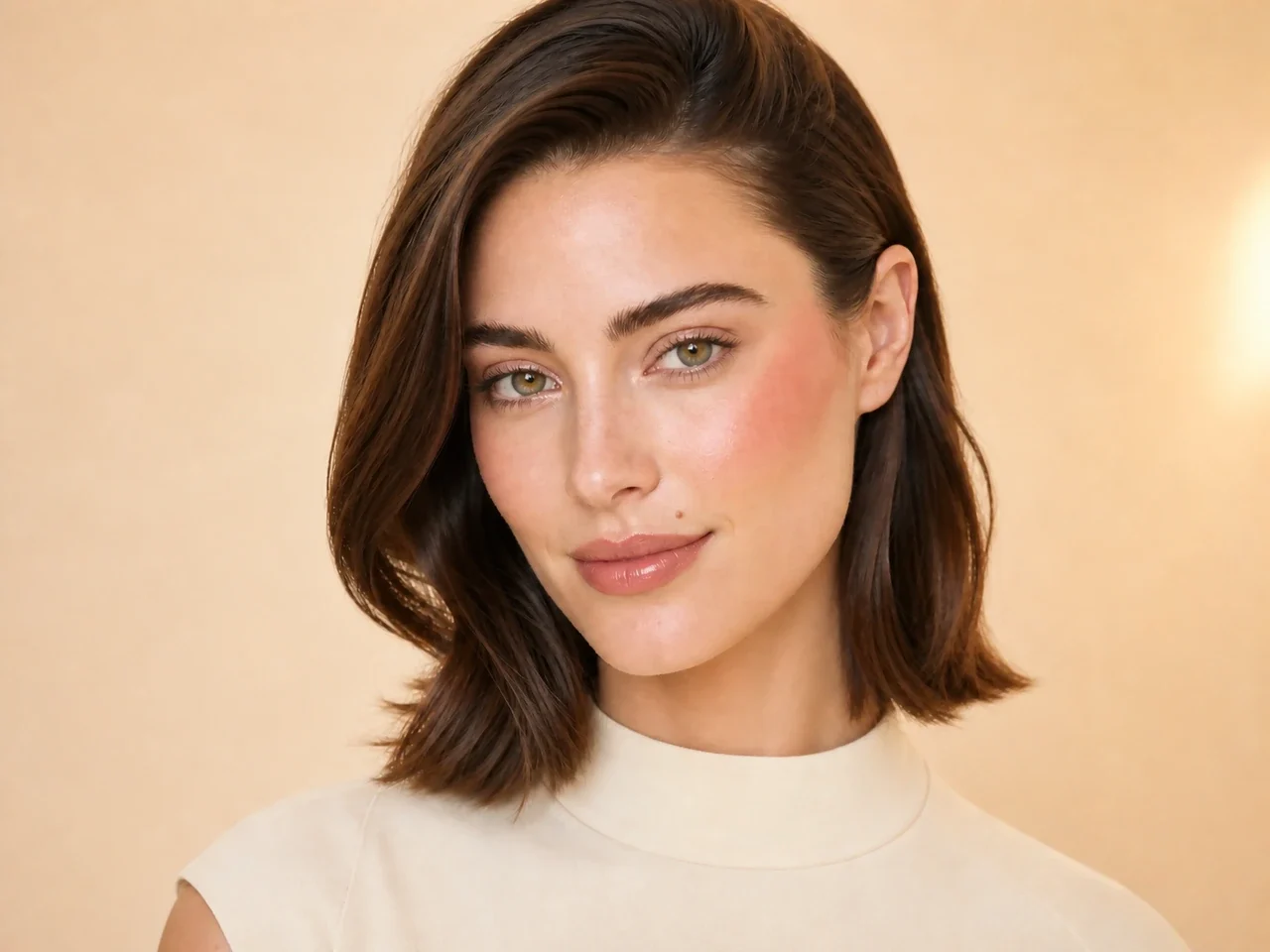 Step 6 of Fresh Brunch Makeup, showing apricot cream is visible at upper cheek while the lips remain unchanged and natural skin still shows through the cheek edges.