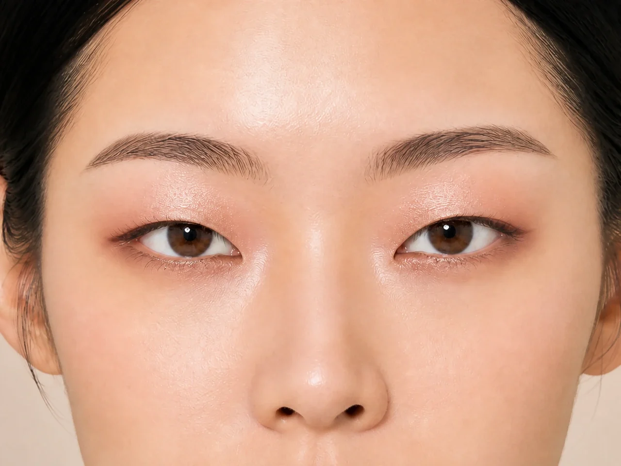 Step 6 of Soft Shimmer Makeup for Monolids, showing a restrained lower-lash echo connects the palette without closing the inner corner or pulling the eye down.