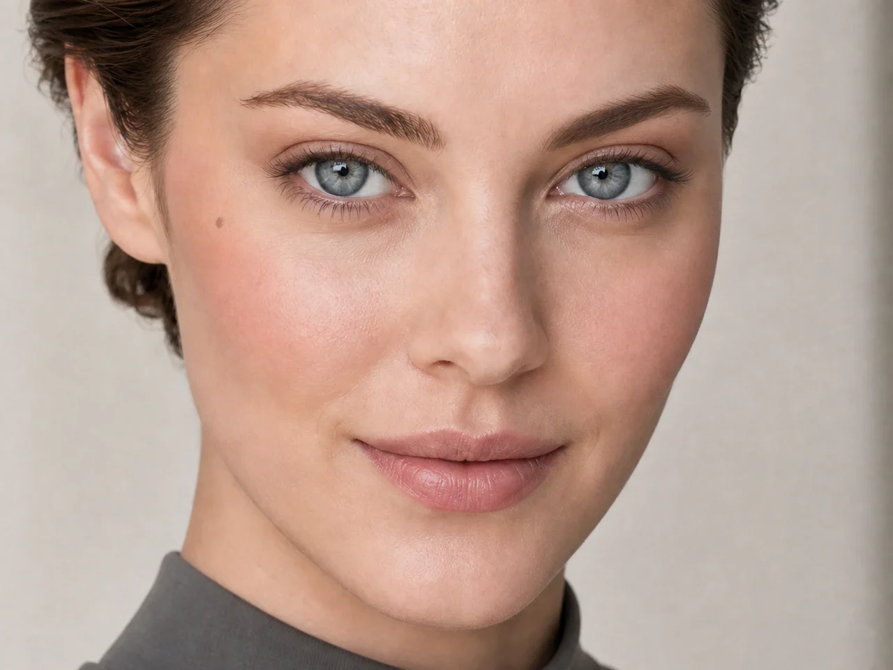 Step 6 of Natural Job Interview Makeup, showing rose beige is visible at cheeks while the lips remain unchanged and natural skin still shows through the cheek edges.