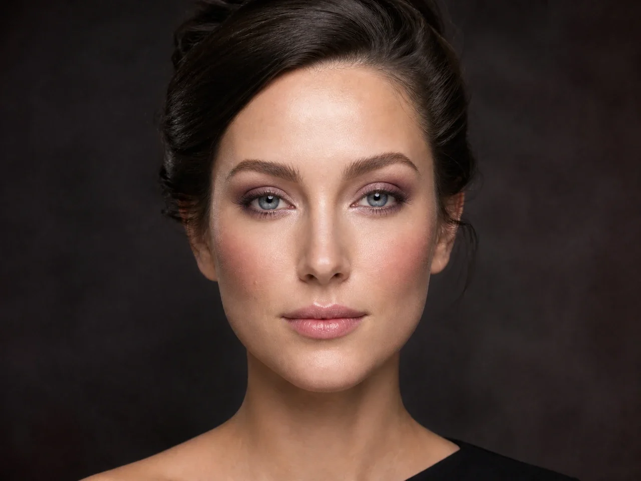 Step 6 of Elegant Dinner Party Makeup, showing muted wine is visible at upper cheek while the lips remain unchanged and natural skin still shows through the cheek edges.