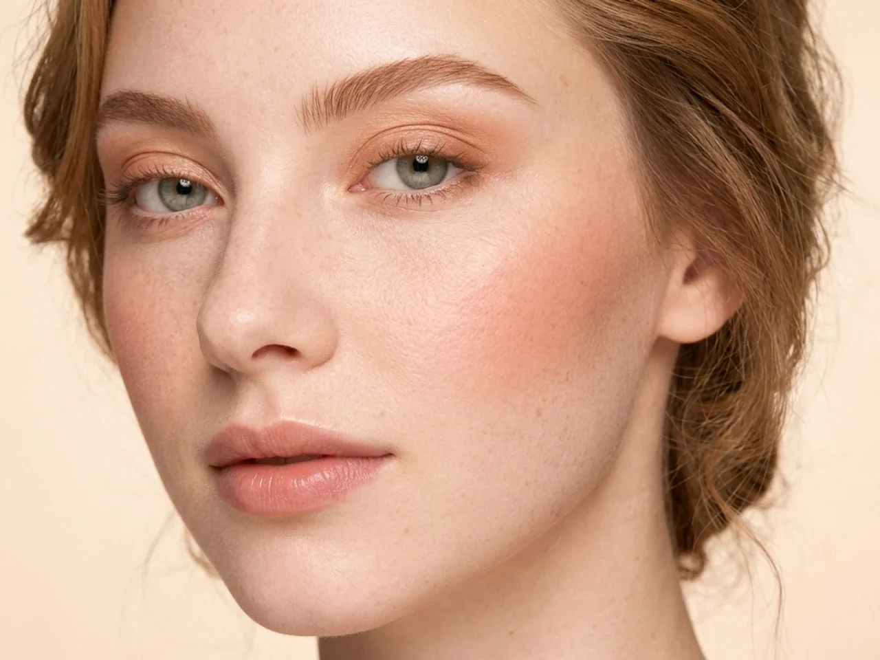 Step 6 of Warm Peach Makeup for Fair Skin, showing pink peach is visible at upper cheek while the lips remain unchanged and natural skin still shows through the cheek edges.