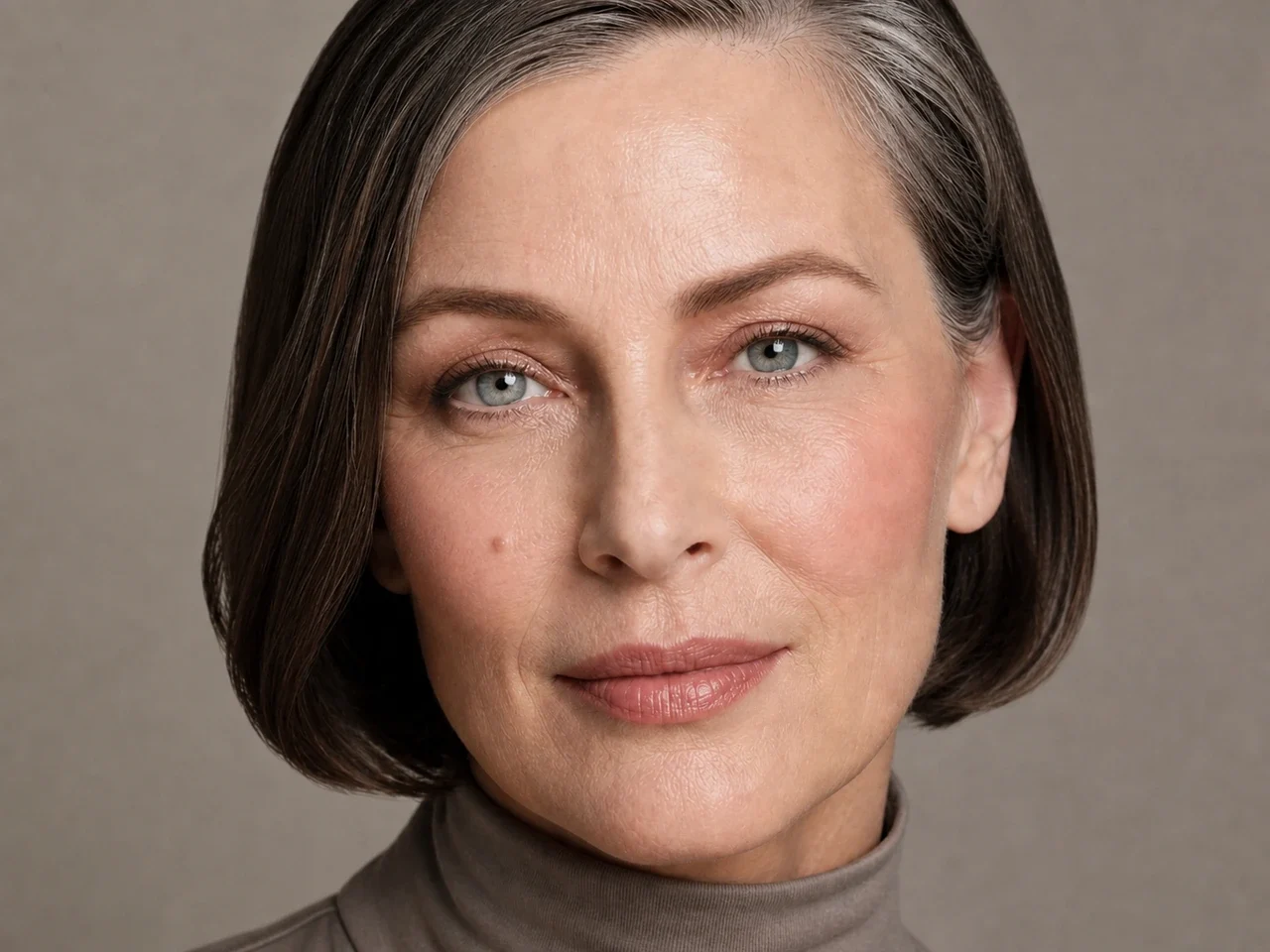 Step 6 of Natural Makeup for Mature Skin, showing muted rose cream is visible at upper cheek while the lips remain unchanged and natural skin still shows through the cheek edges.