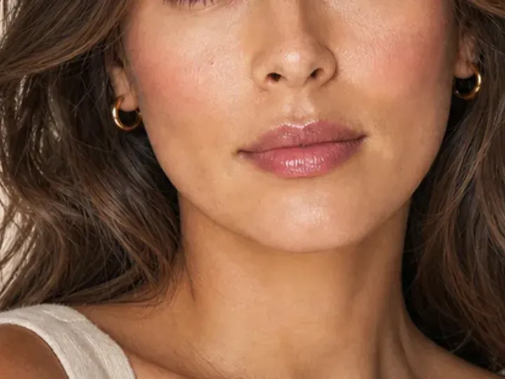 Step 6 of 5-Minute Everyday Makeup, showing fresh rose is visible at upper cheek and lips while natural skin still shows through the edges.