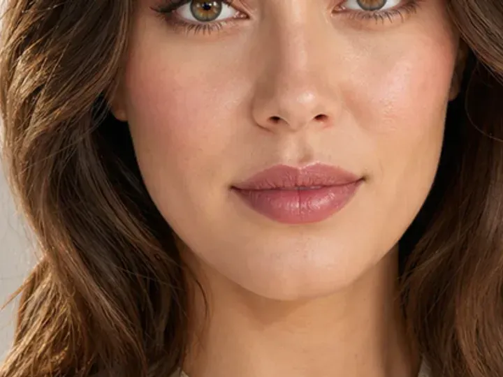 Step 6 of Polished Office Makeup in 10 Minutes, showing muted peach is visible at upper cheek and lips while natural skin still shows through the edges.