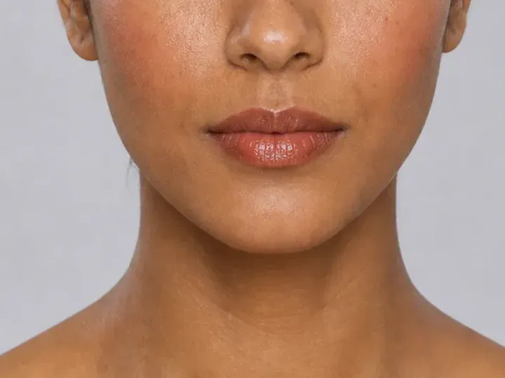 Step 6 of Warm Bronze Makeup for Medium Skin, showing terracotta rose is visible at upper cheek and lips while natural skin still shows through the edges.