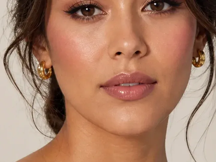 Step 6 of Easy Everyday Soft Glam, showing rose brown is visible at upper cheek and lips while natural skin still shows through the edges.