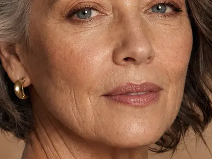 Step 6 of Natural Makeup for Mature Skin, showing muted rose cream is visible at upper cheek and lips while natural skin still shows through the edges.