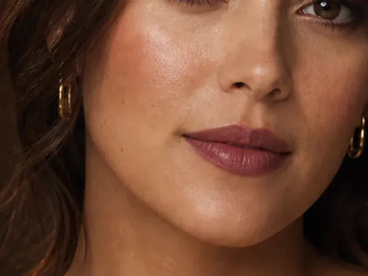 Step 6 of Easy Date Night Makeup, showing tea rose is visible at cheek center and lips while natural skin still shows through the edges.