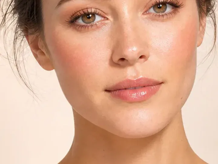 Step 6 of Fresh Brunch Makeup, showing apricot cream is visible at upper cheek and lips while natural skin still shows through the edges.