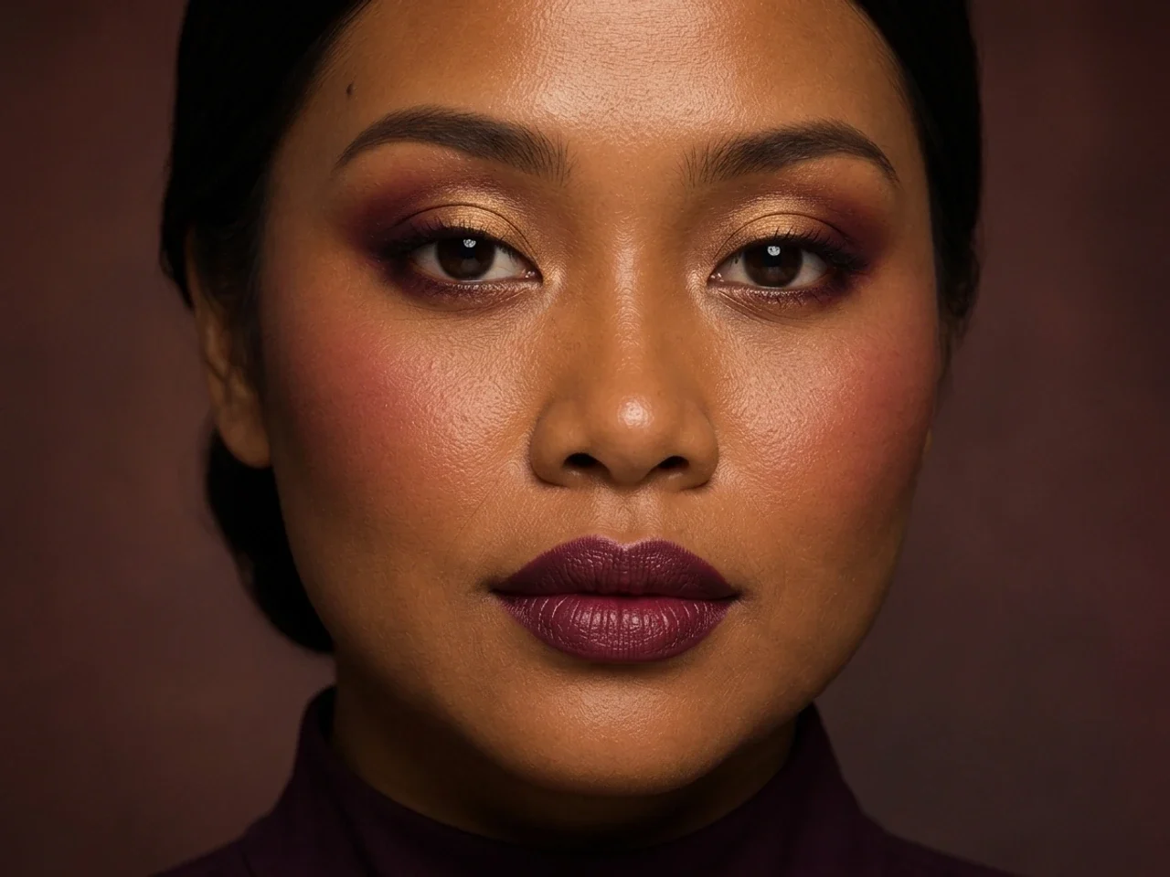 Step 7 of Rich Berry and Gold Makeup for Deep Skin, showing the lip shows Deep berry in harmony with Deep berry and the rich luminous finish without becoming the only focal point.