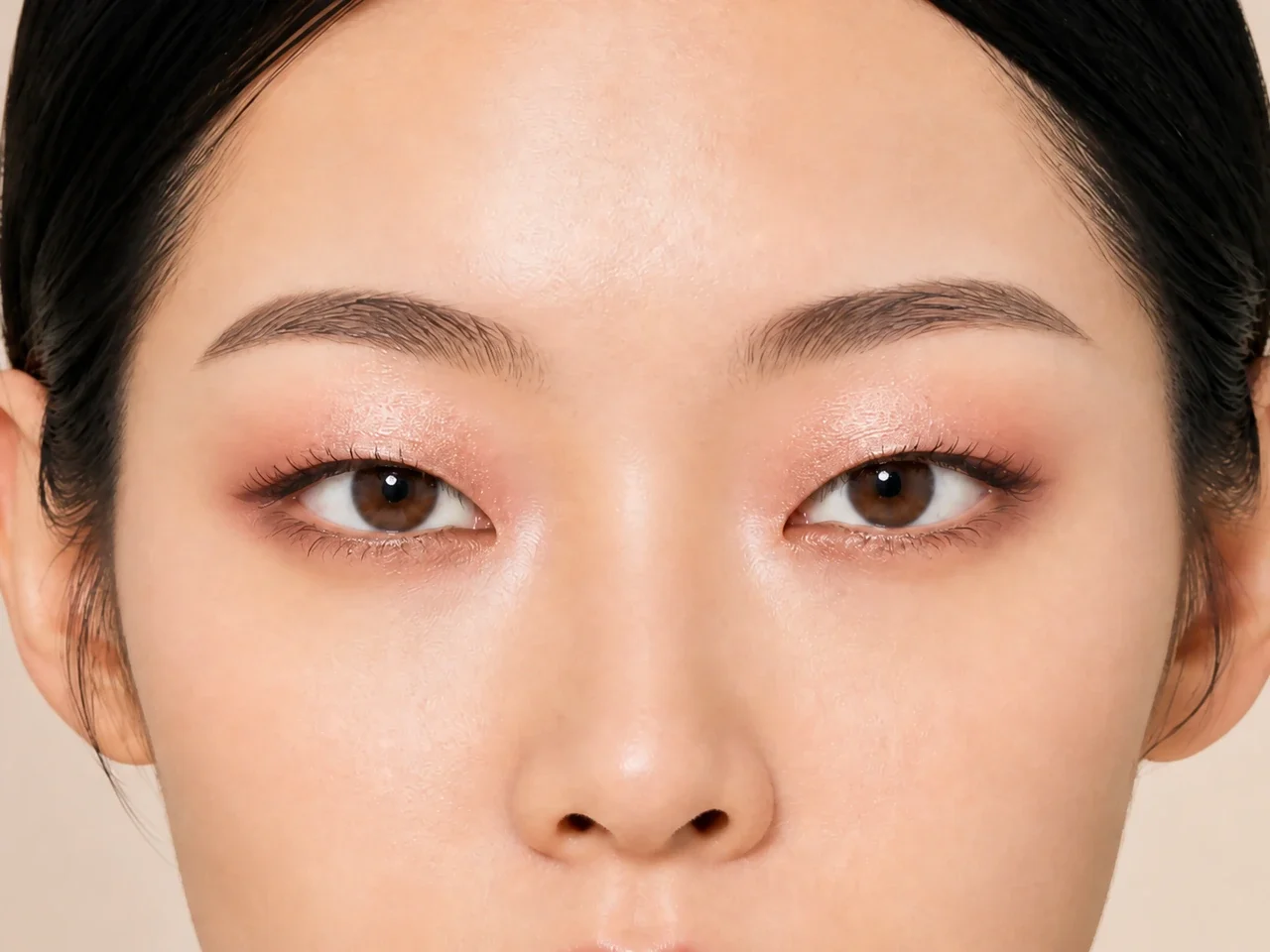 Step 7 of Soft Shimmer Makeup for Monolids, showing the center and outer lashes lift clear of the lid and remain individually separated.