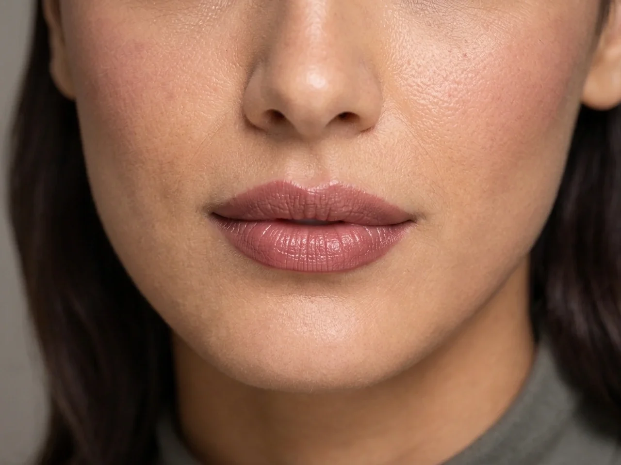 Step 7 of Neutral Soft Glam for Olive Skin, showing the lip shows Mauve brown in harmony with Mauve brown and the neutral satin finish without becoming the only focal point.
