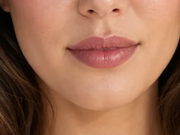 Step 7 of Polished Office Makeup in 10 Minutes, showing the lip supports Muted peach and the natural satin finish without becoming the only focal point.