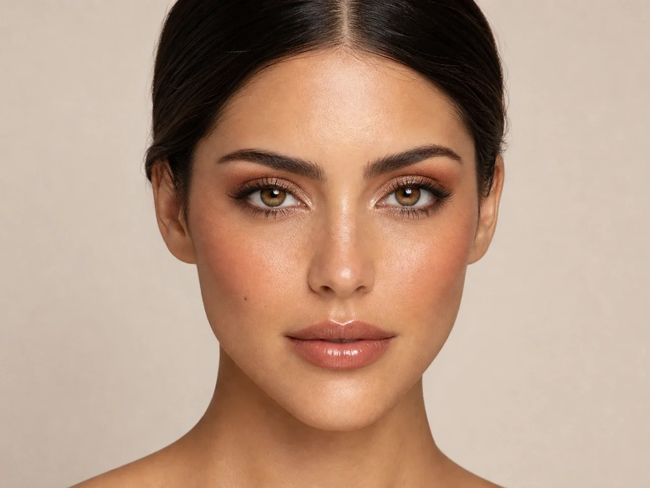 Step 8 of Warm Bronze Makeup for Medium Skin, showing the completed Warm Bronze Makeup for Medium Skin reads as warm satin in front-facing light without overloaded corrections.