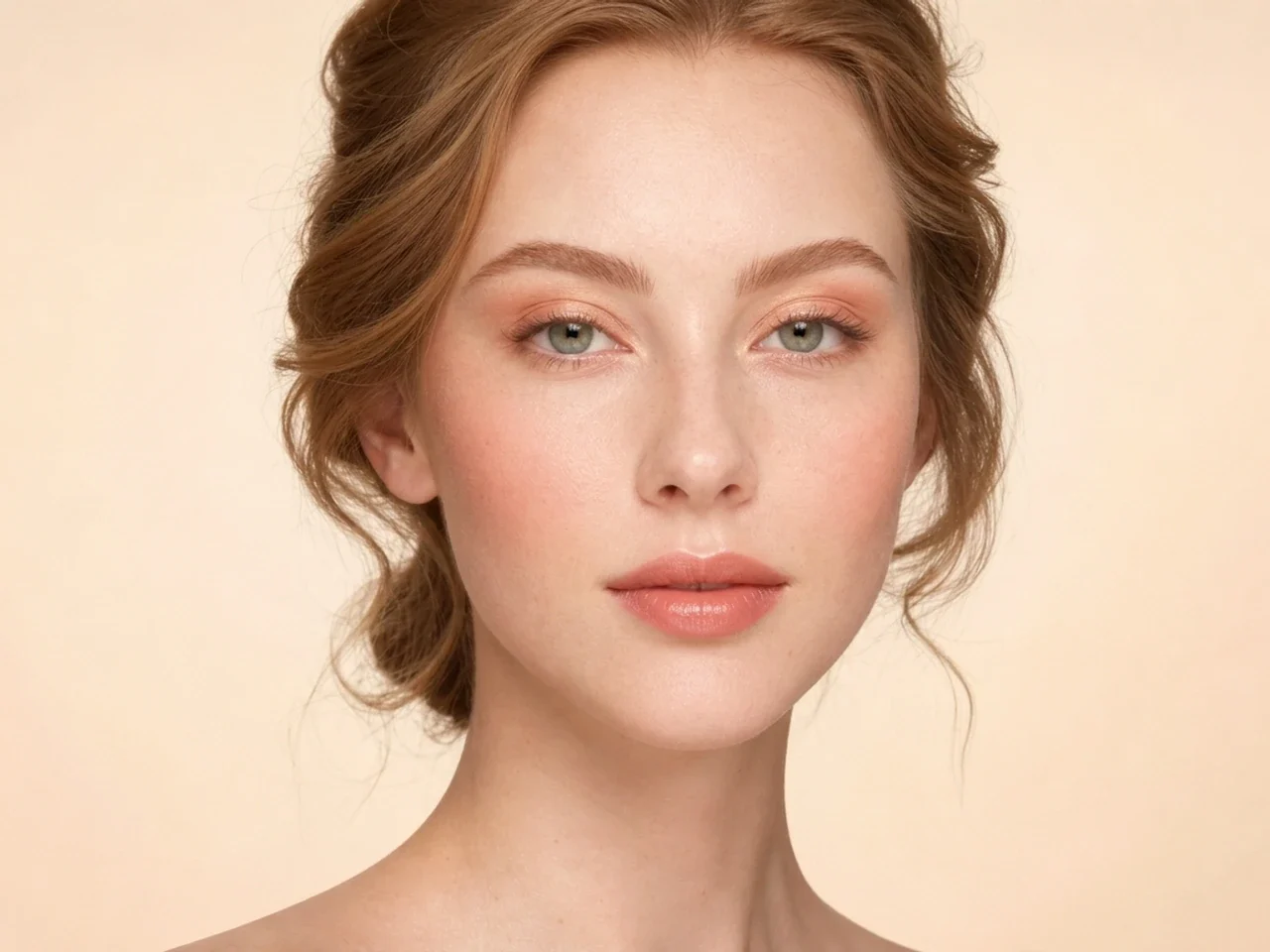 Step 8 of Warm Peach Makeup for Fair Skin, showing the completed Warm Peach Makeup for Fair Skin reads as fresh satin in front-facing light without overloaded corrections.