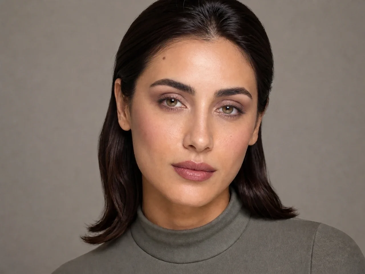 Step 8 of Neutral Soft Glam for Olive Skin, showing the completed Neutral Soft Glam for Olive Skin reads as neutral satin in front-facing light without overloaded corrections.