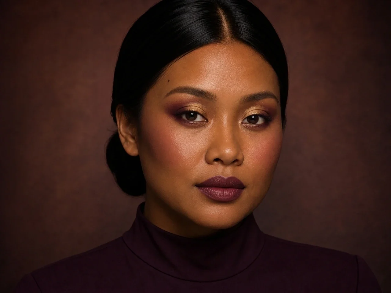 Step 8 of Rich Berry and Gold Makeup for Deep Skin, showing the completed Rich Berry and Gold Makeup for Deep Skin reads as rich luminous in front-facing light without overloaded.