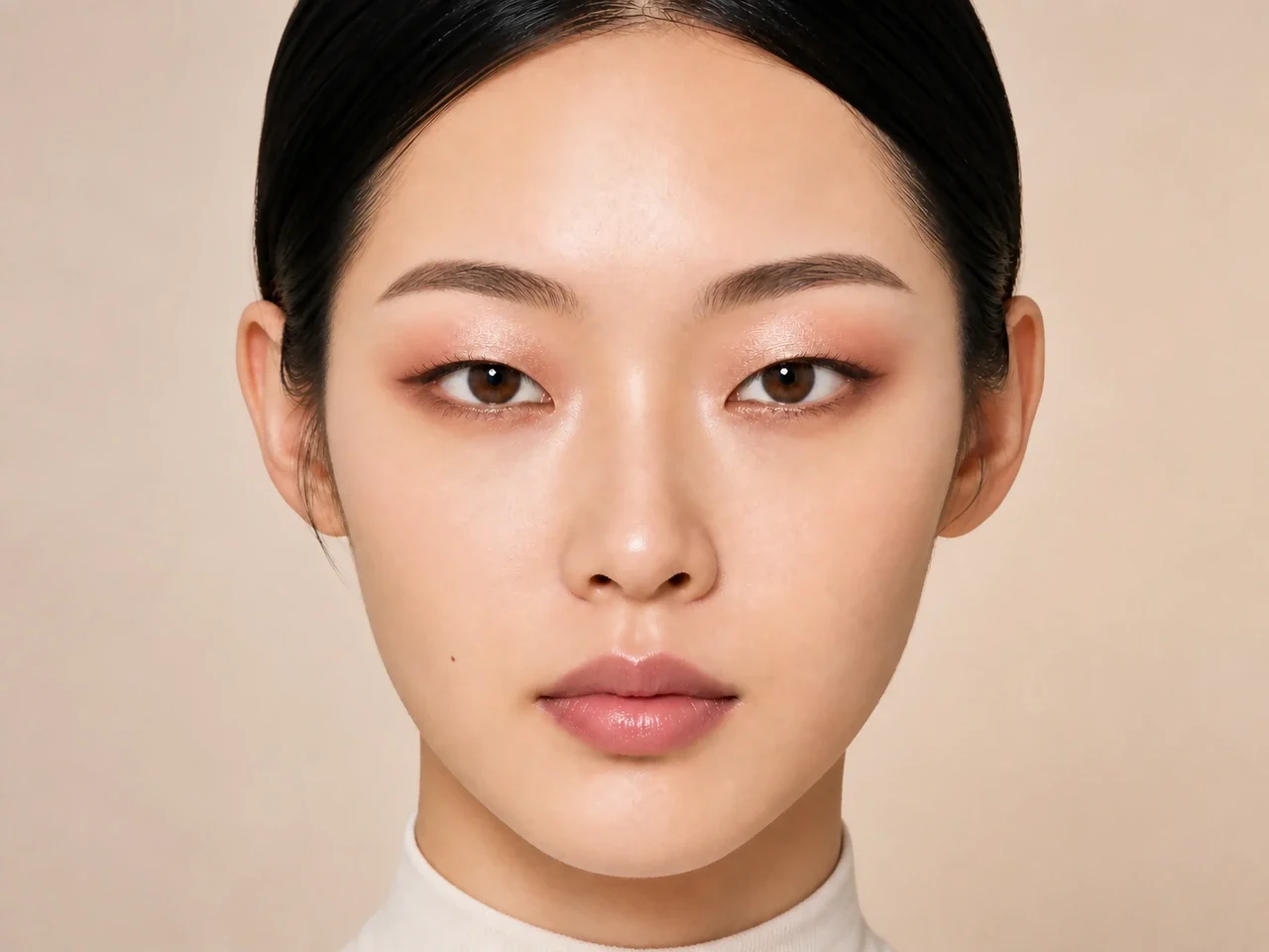 Step 8 of Soft Shimmer Makeup for Monolids, showing the soft shimmer eye reads evenly from straight ahead and every focal area remains visible with a relaxed gaze.