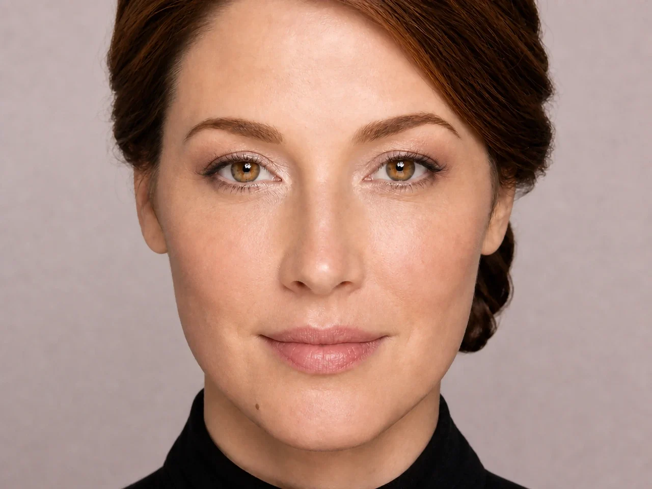 Step 8 of Balanced Eye Makeup for Close-Set Eyes, showing the bright satin eye reads evenly from straight ahead and every focal area remains visible with a relaxed gaze.