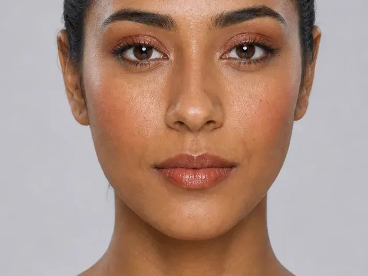 Step 8 of Warm Bronze Makeup for Medium Skin, showing the completed Warm Bronze Makeup for Medium Skin reads as warm satin in front-facing light without overloaded corrections.