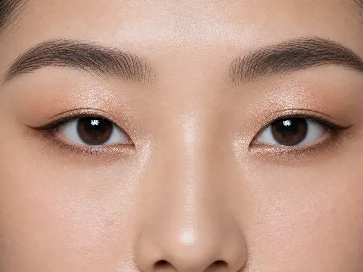 Step 8 of Soft Shimmer Makeup for Monolids, showing the soft shimmer eye reads evenly from straight ahead and every focal area remains visible with a relaxed gaze.