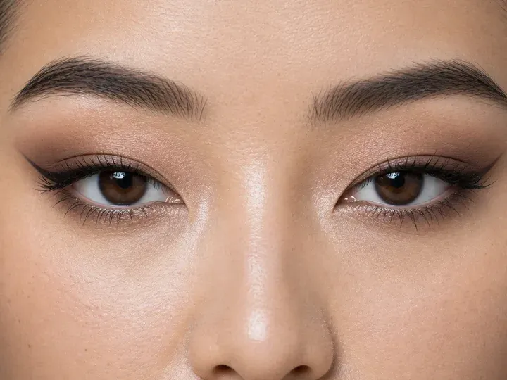 Step 8 of Lifted Makeup for Downturned Eyes, showing the satin matte eye reads evenly from straight ahead and every focal area remains visible with a relaxed gaze.
