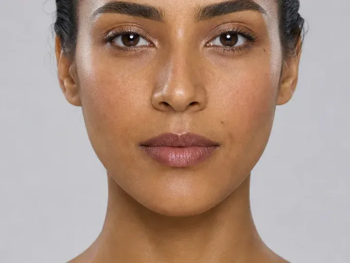 Step 8 of Neutral Soft Glam for Olive Skin, showing the completed Neutral Soft Glam for Olive Skin reads as neutral satin in front-facing light without overloaded corrections.