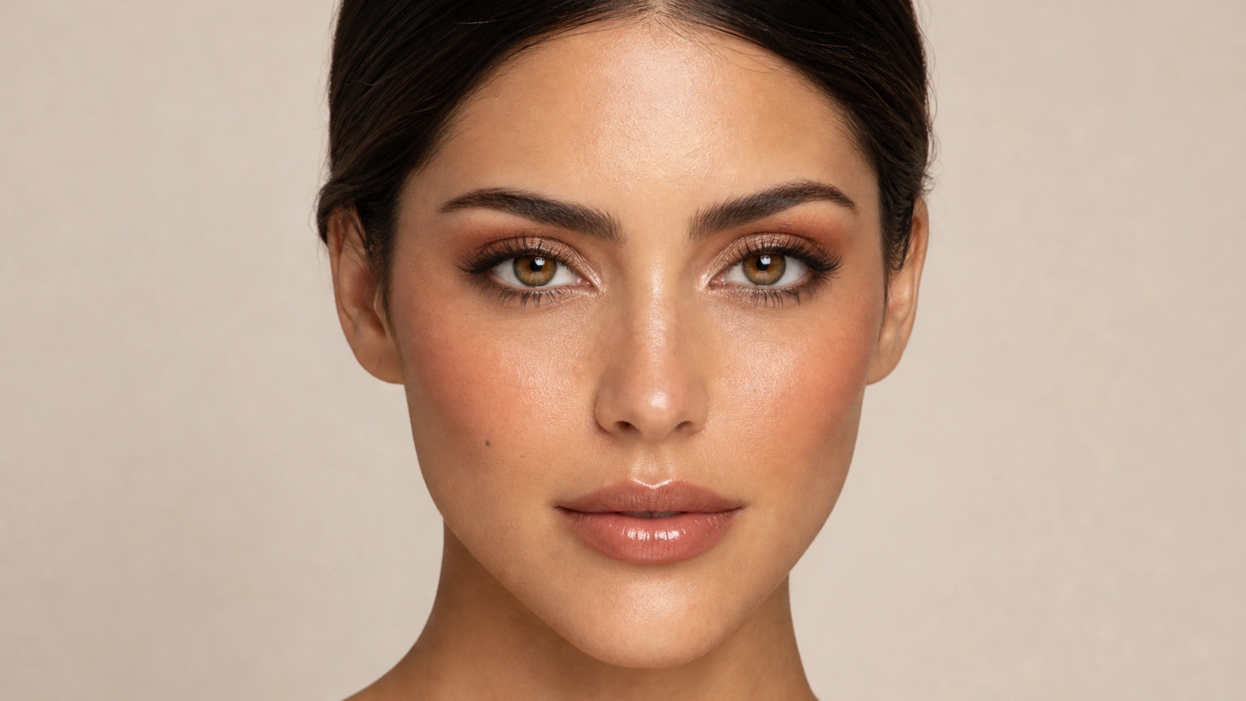 AI visualization of warm bronze makeup for medium skin showing caramel matte, copper satin, and a warm satin finish.
