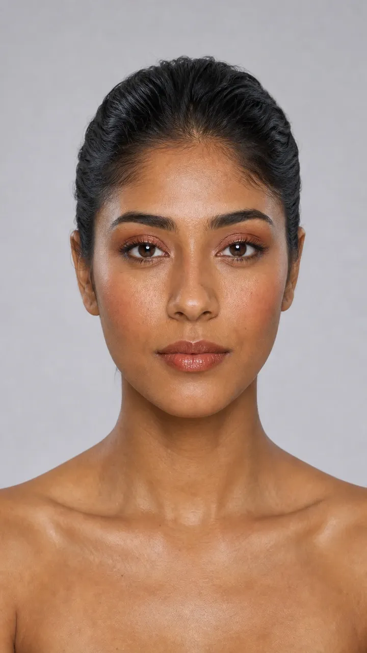 AI visualization of warm bronze makeup for medium skin showing caramel matte, copper satin, and a warm satin finish.