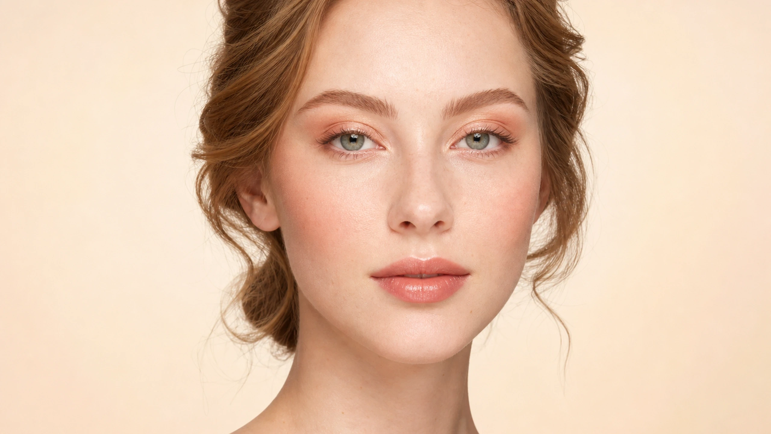 AI visualization of warm peach makeup for fair skin showing light caramel, pink peach, and a fresh satin finish.