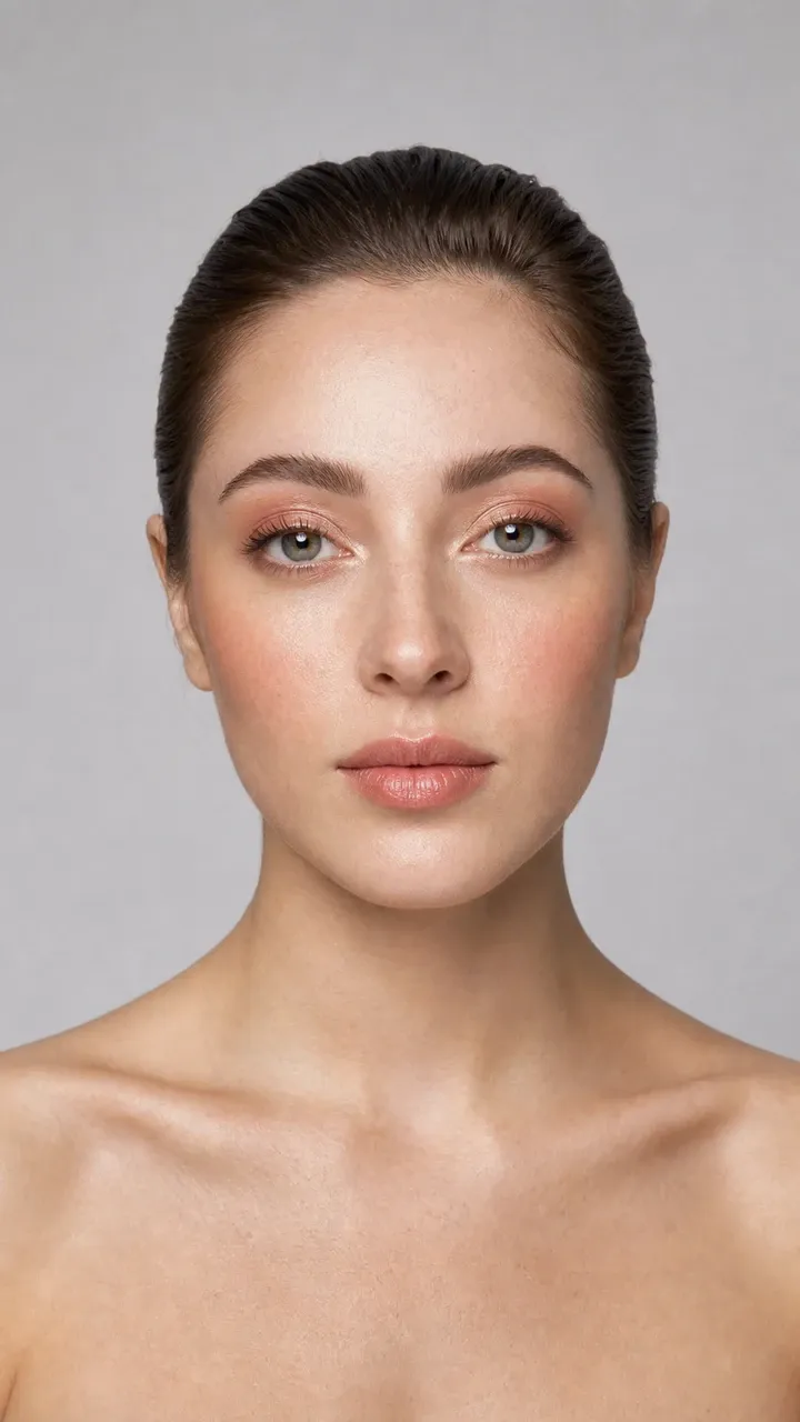 AI visualization of warm peach makeup for fair skin showing light caramel, pink peach, and a fresh satin finish.